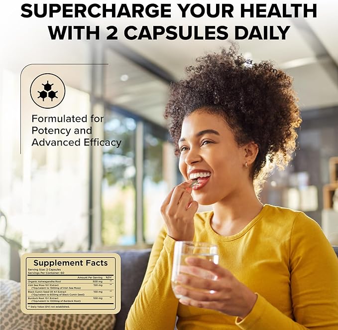 Organic Ashwagandha Root &amp Irish Sea Moss – 3600 mg Ashwagandha Supplement with Black Seed Oil &amp Burdock Root – Herbal Supplement for Energy Calm Mood &amp Wellness 120 Caps