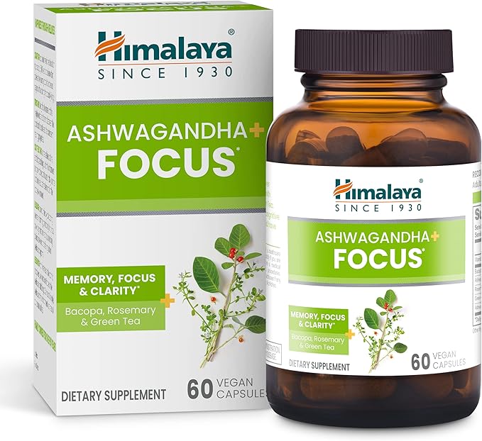 Himalaya Ashwagandha+ Focus - Herbal Focus Supplement with B12 Rosemary Green Tea and Bacopa Nootropics for Memory and Clarity - Vegan Non-GMO Gluten Free 1690 mg 60 Caplets