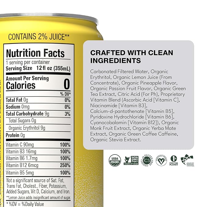 Marquis Natural Energy Drinks Sugar Free Zero Calories - 100mg Organic Plant Based Caffeine Yerba Mate Green Tea &amp Green Coffee - Vitamin C &amp Bs - Pineapple Passion Healthy Energy Drink - 12 P