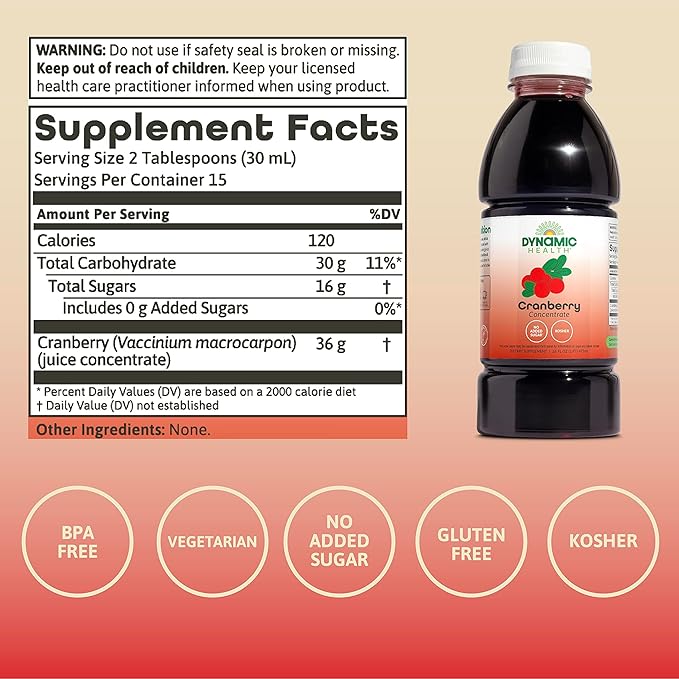 Dynamic Health Pure Cranberry Unsweetened 100% Juice Concentrate Natural Antioxidant Supplement No Additives No Added Sugar No Preservatives 16 Servings 16oz
