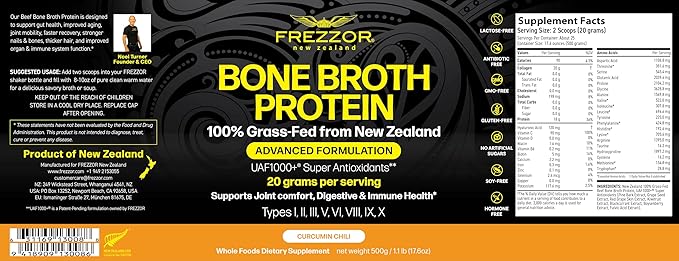 FREZZOR 100% Grass-Fed Collagen Protein Bone Broth with UAF1000+ Peptides Type I II III V VI VIII IX Anti-Aging Improves Digestion Curcumin Chili Flavor 17.6 Ounce 5 Jars