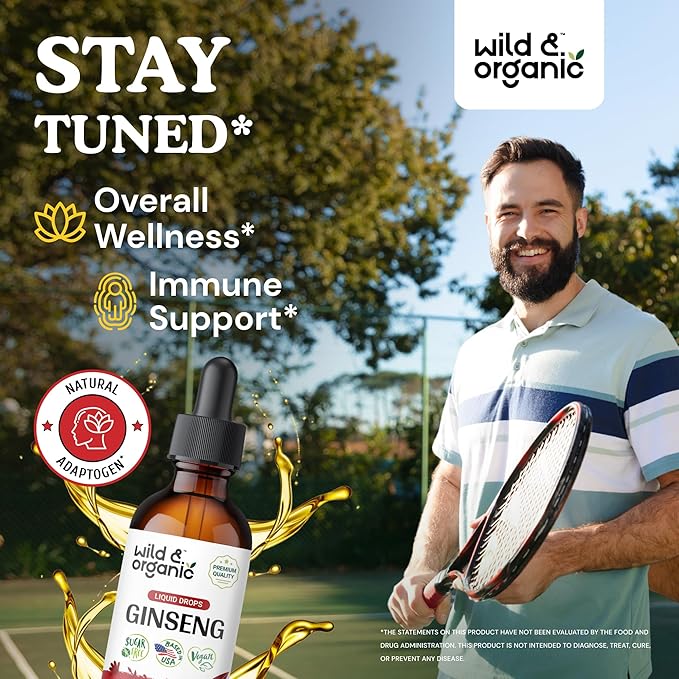 Wild &amp Organic Korean Red Ginseng Extract Drops - Panax Ginseng Supplement for Immune Support - Liquid Root Tincture for Overall Well-Being - Vegan Sugar &amp Alcohol-Free - 2 fl oz