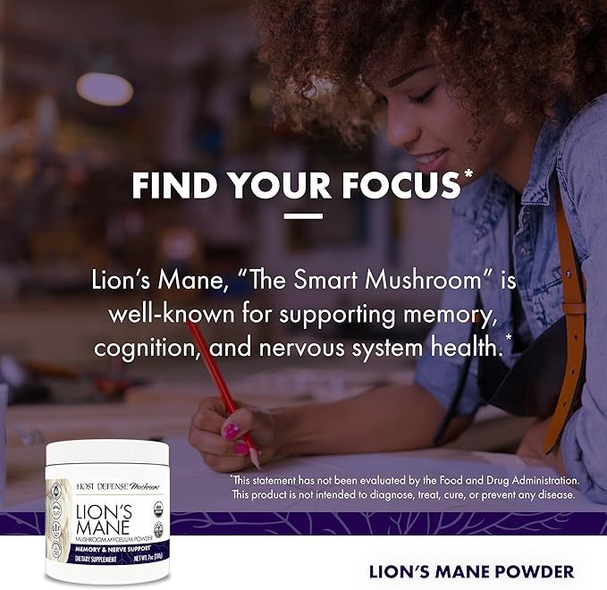 Host Defense Lion's Mane Powder - Brain Health Support Supplement - Mushroom Supplement to Support Focus &amp Memory Function - Immune &amp Nervous System Support Supplement - 7 oz (133 Servings)*