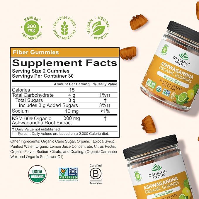ORGANIC INDIA Ashwagandha Gummies for Men &amp Women - Stress Supplement KSM-66 Ashwagandha Root Extra Strength Calm Chews Vegan Non-GMO - Lemon Lime 60 Gummies