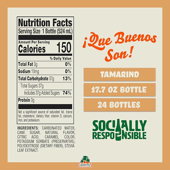 Jarritos - Mexican Soda Soft Drinks Tamarind (17.7 oz 524ml) 24 Bottles - Made with Real Cane Sugar - 0g Fat - Made in Mexico - Natural Flavor Soda Pop - Party &amp BBQ Beverages