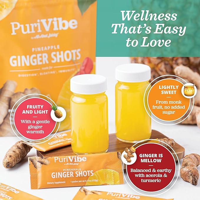 Ginger Shots with Turmeric &amp Pineapple - Ginger Juice Superfood Powder - Immunity Shots &amp Wellness Shots for Digestion &amp Energy Support - 15 Stick Packs - PuriVibe