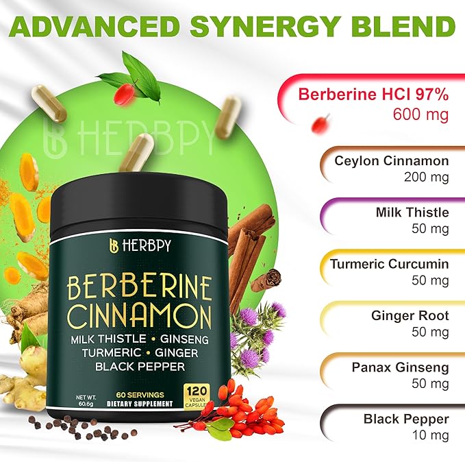 7in1 Premium Berberine and Ceylon Cinnamon for Weight Management Digestion Heart Health &amp Immune Support - with Ginseng Turmeric Ginger Milk Thistle &amp Black Pepper - 120 Vegan Capsules