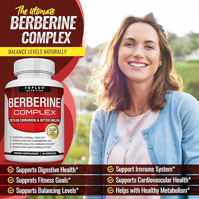 Toplux Berberine with Ceylon Cinnamon and Bitter Melon 2100mg - High Purity 97% HCL Berberine Supplement Supports Overall Health &amp Immune System Non-GMO Vegan 90 Capsules