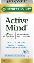 Nature's Bounty Active Mind Dietary Supplement Supports Focus and Attention 1000 mg Cognizin with L-Theanine and Caffeine Pills 60 Caplets