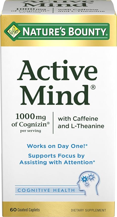 Nature's Bounty Active Mind Dietary Supplement Supports Focus and Attention 1000 mg Cognizin with L-Theanine and Caffeine Pills 60 Caplets
