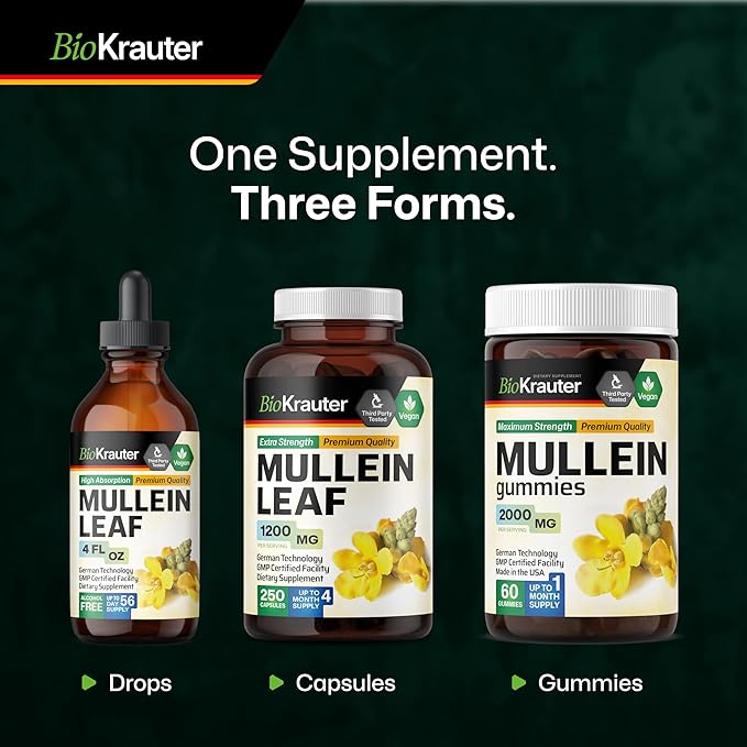 BIO KRAUTER Mullein Drops for Lungs 4 Fl. Oz - 56 Days of Supply - Pure Mullein Leaf Extract for Lung Detox &amp Cleanse - Vegan Respiratory Supplements - Non-GMO No Sugar &amp Alcohol