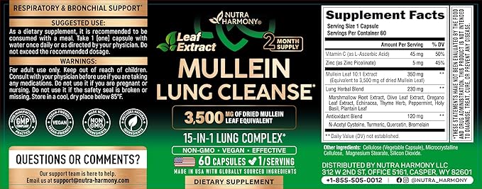 Mullein Lung Detox - Mullein Leaf Extract - Marshmallow Root | Echinacea | Oregano | Quercetin | NAC - 15-in-1 Lung Support &amp Cleanse for Smokers Supplement - Made in USA - As Drops - 60 Capsules