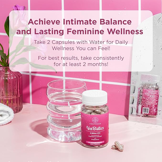 VeeFresh VeeBiotics Cranberry Probiotics for Women - 60 Capsules Women's Probiotics with Prebiotics &amp Cranberry Extract for pH Balance &amp Odor Control Promotes Healthy Vaginal Flora &amp Over