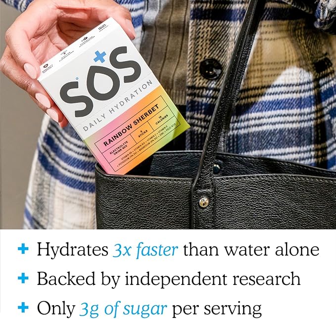 SOS Daily Electrolyte Stick Packets – Multi Pack | 24 Sticks | Rapid Hydration Powder with Electrolytes &amp Vitamins | Low Sugar Keto Friendly | 8 Mixed Berry | 8 Watermelon | 8 Rainbow Sherbert