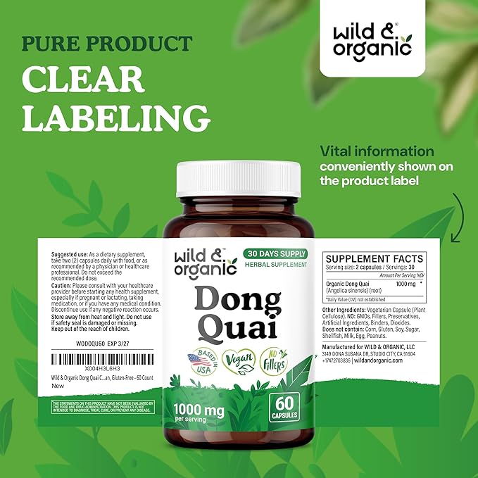 Wild &amp Organic Dong Quai Capsules 1000 mg - Menopause Supplements for Women - Dong Quai Root Supplement - 30-Day Supply - Traditional Angelica Sinensis Herb - Non-GMO Vegan - 60 Count