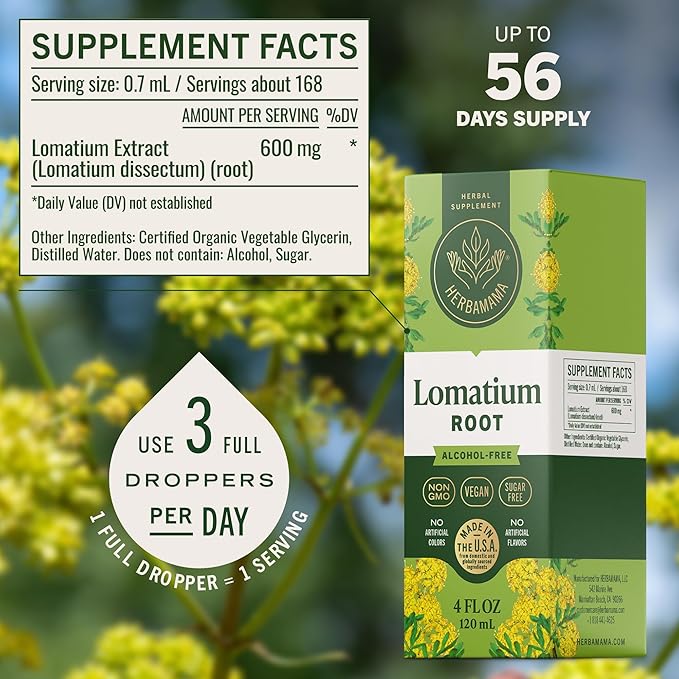 HERBAMAMA Lomatium Root Tincture - Vegan Lomatium Dissectum Extract for Lung Cleanse &amp Detox - Non-GMO Alcohol &amp Sugar-Free Respiratory Lung Support Supplement 56-Day Supply
