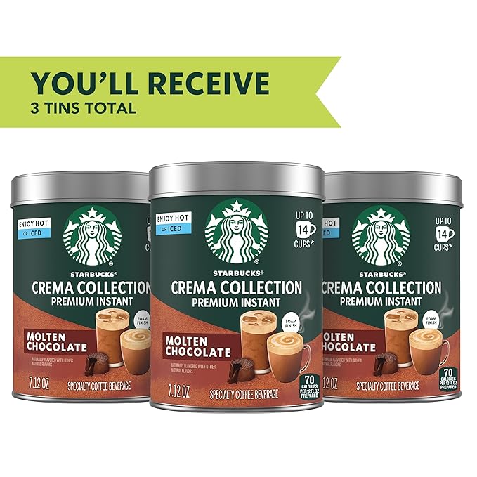 Starbucks Crema Collection Premium Instant Molten Chocolate Flavored Instant Coffee 100% Arabica Beans 3 Tins (7.12 Oz Each) 1.34 lb.