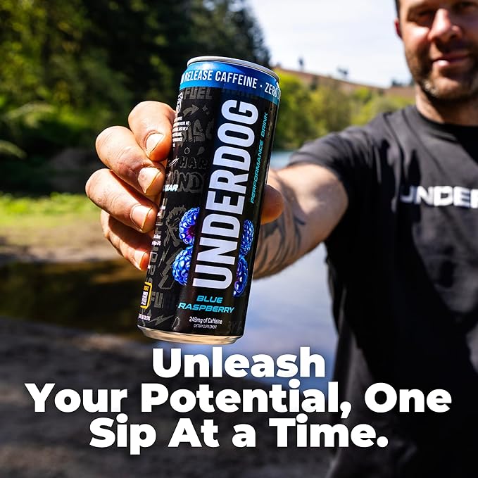 Underdog Performance Energy Drink Blue Raspberry Nootropics Green Tea Extract Citrulline Clean Sugar Free Fast &amp Slow Release 249mg Caffeine per Serving No Artificial Additives 12 Pack
