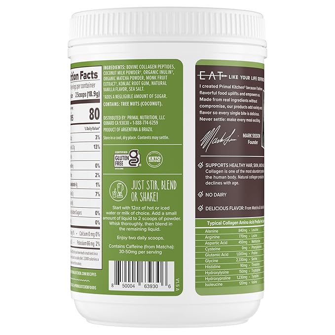 Primal Kitchen Matcha Collagen Keto Latte Powder Sugar-Free Collagen Peptides 9.33 Ounces