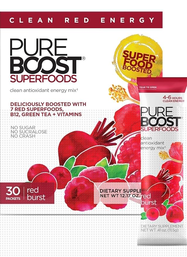Pureboost Superfoods Clean Energy Booster Refreshing Energy Drink Mix with 7 Organic Red Superfoods Beet Hibiscus Pomegranate and Vitamins. Sugar-Free No Sucralose (Red Burst 30 Count)