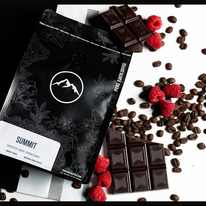 PURE EARTH COFFEE CO. Whole Bean Coffee Summit Signature Blend Medium Espresso Roast Dark Chocolate Berry Creamy Brown Sugar 12oz