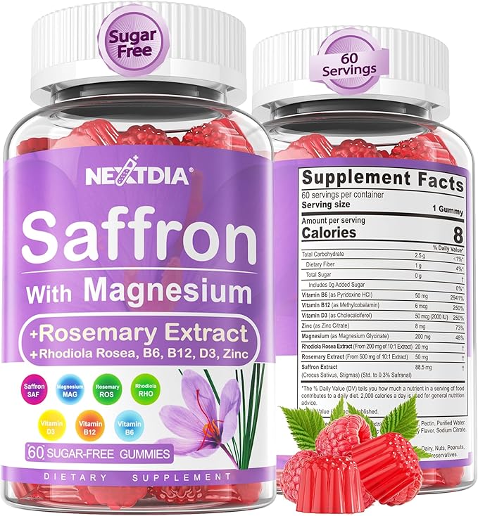 Saffron with Magnesium Glycinate Gummies 2 Months Supply -Sugar Free Magnesium 400/200mg w/SaffronRhodiolaRosemary B6B12D3 for S-leep CalmFocus Relax Nerve Melatonin Free Gummies