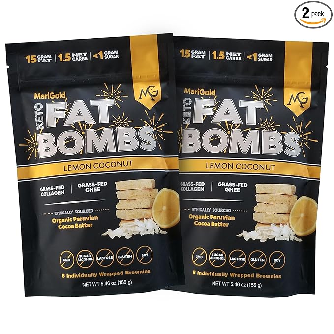 MariGold Keto Fat Bombs - Lemon Coconut - Low Carb Collagen Rich Grass-fed Ghee Organic Cocoa Butter Gluten-Free Non-GMO (2 bags 5 Servings Each)