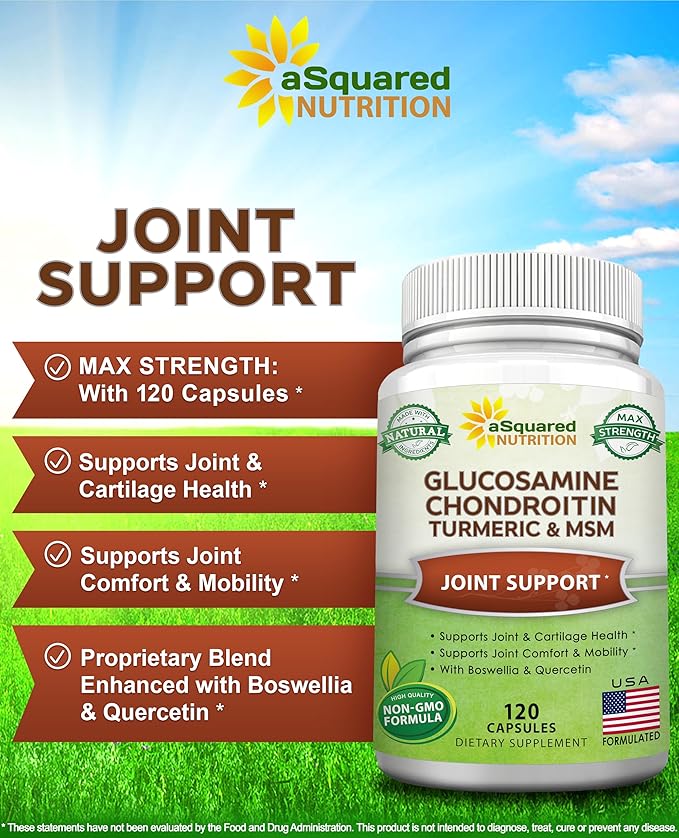aSquared Nutrition Glucosamine Chondroitin Turmeric MSM Boswellia - 120 Capsules - Joint Support Supplement - Joint Support Relief Pills for Health - Natural Supplement for Back Knee &amp Hands