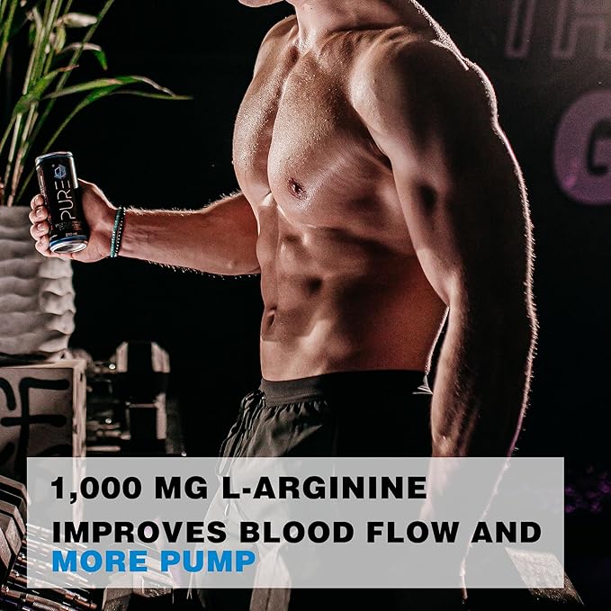 PURE Energy Drink Sports Nutrition 800 MG BCAA | NO SUGAR| NO CARBS | NO CAFFEINE | Vegan | L-Arginine + L-Carnitine (8.4 Fl OZ - 24 Pack)