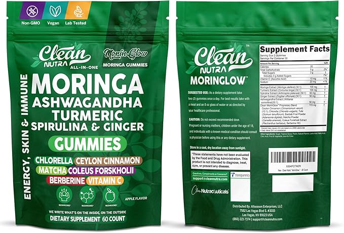 Clean Nutra Moringa Gummies | Pure Moringa Powder Supplement + Ashwagandha Turmeric Spirulina &amp Ginger Energy Skin Immune &amp Gut Health Green Superfood - Moringa Capsules Alternative