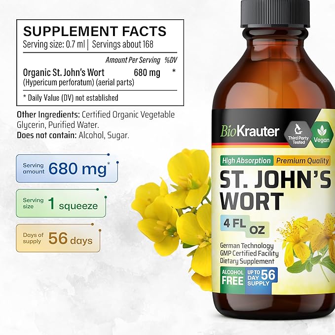 BIO KRAUTER® St Johns Wort for Calm &amp Mood Support - Vegan St. John's Wort for Relaxation &amp Emotional Wellness Support - Calm Drops 4 Fl.Oz. 56-Day Supply Alcohol &amp Sugar Free Herbal Sup