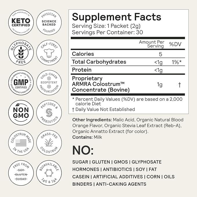 ARMRA Colostrum™ Powder | Blood Orange | Gut Health &amp Bloating | Skin &amp Hair | Immunity | Keto Gluten &amp Fat-Free | 30 Servings