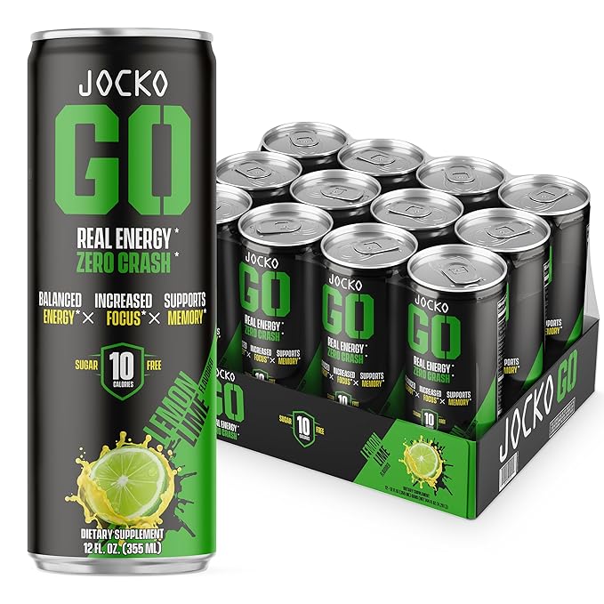 Jocko GO Energy Drink - Keto Vitamin B12 Vitamin B6 Electrolytes L Theanine Magnesium- Energy Boost Sugar Free Nootropic Monk Fruit Blend - 12 Pack (Lemon Lime)