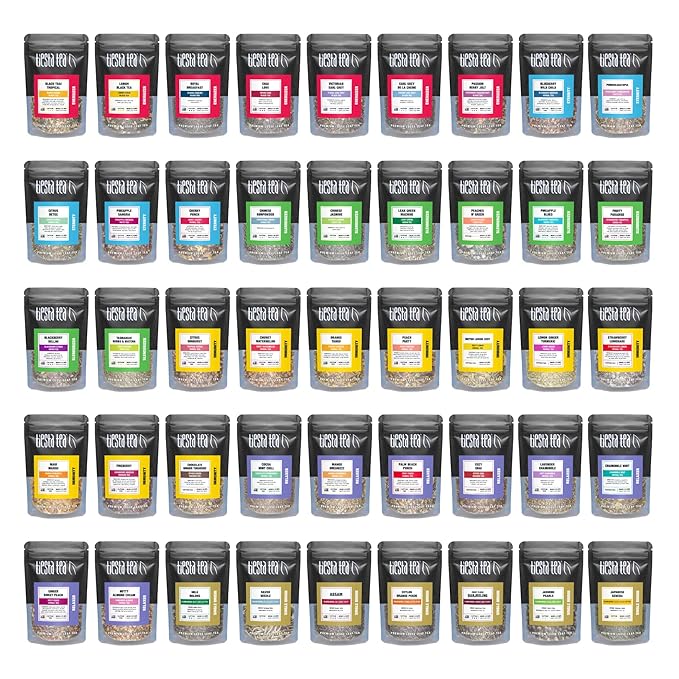 Tiesta Tea - Tiesta Tastings Sampler Dry Flight Set Loose Leaf High to No Caffeine Makes Hot and Iced Assorted Tea Sets with Herbal Chai Fruit Blend &amp More 45 Resealable Sample Pouches