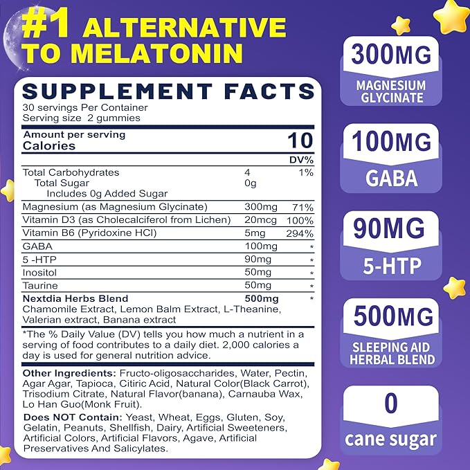 Melatonin Free Sleep Gummies with Magnesium Glycinate GABA 5-HTP L-Theanine Valerian Chamomile Lemon Balm Vitamin D3 &amp B6 - Hormone &amp Drug- Free Non-Habit FormingSugar Free