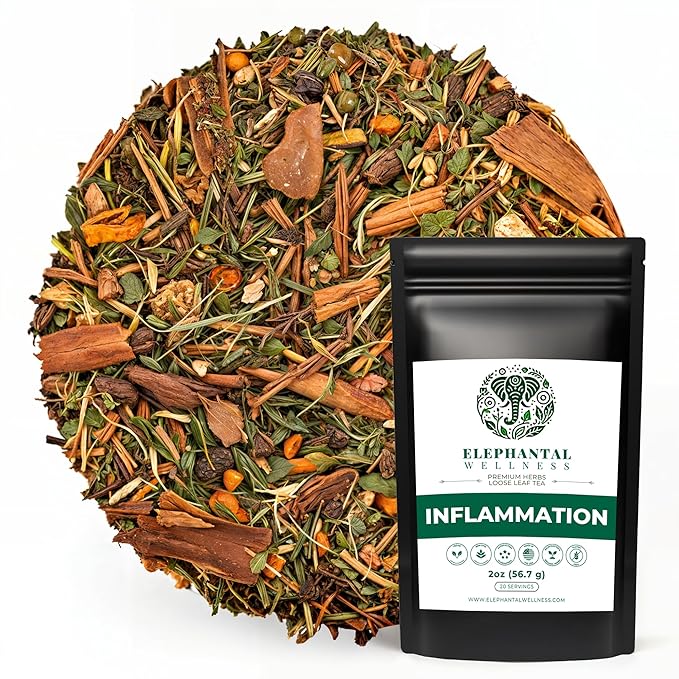 Elephantal Wellness Premium Inflammation Herbal Tea | Comfort &amp Mobility Blend with Turmeric Boswellia White Willow Bark &amp Ginger | Handmade Non-GMO Caffeine-Free Loose Leaf 2oz 20 Servi