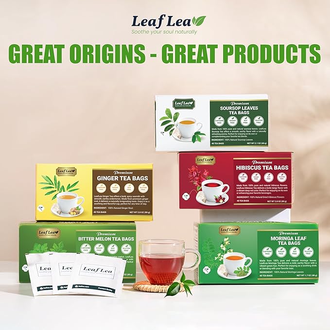 LeafLea 100% Pure Ginger Root Tea Bags – Spicy &amp Warming Herbal Tea Supports Digestion &amp Immune Health Individually Wrapped Non-GMO Caffeine Free Sugar Free No Gluten