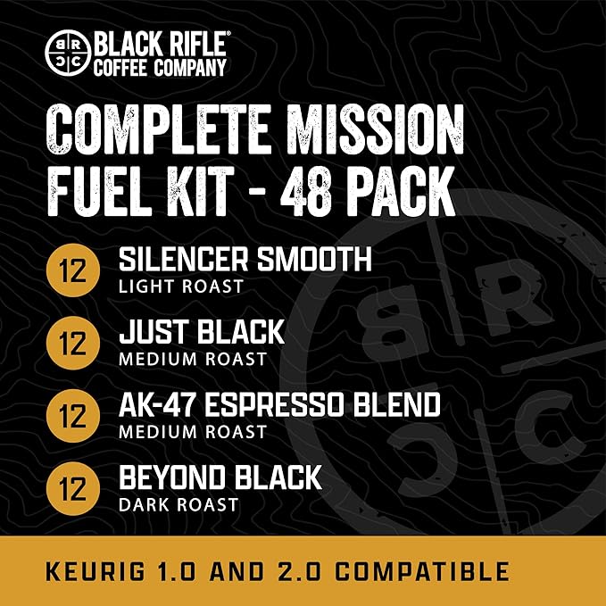 Black Rifle Coffee Company Supply Drop Variety Pack (48 Count of K Cups) - Silencer Smooth AK Espresso Just Black &amp BeyondBlack KCup Pods - K Cups Coffee Variety Pack