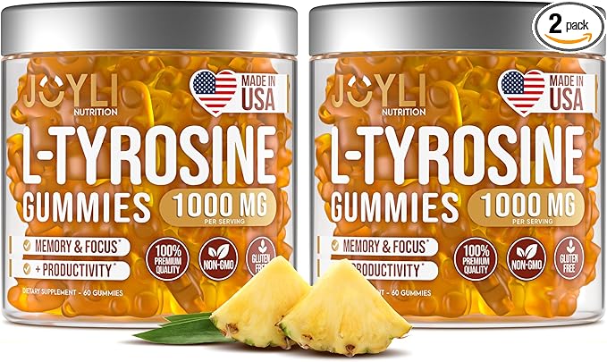 2 Pack - JOYLI L-Tyrosine Gummies 1000MG – Sugar-Free Vegan Focus Supplement &amp Mood Support for Kids &amp Adults – 500mg Per Gummy – Sleep Gummies for Memory Energy &amp Wellness – 60 Pcs per P