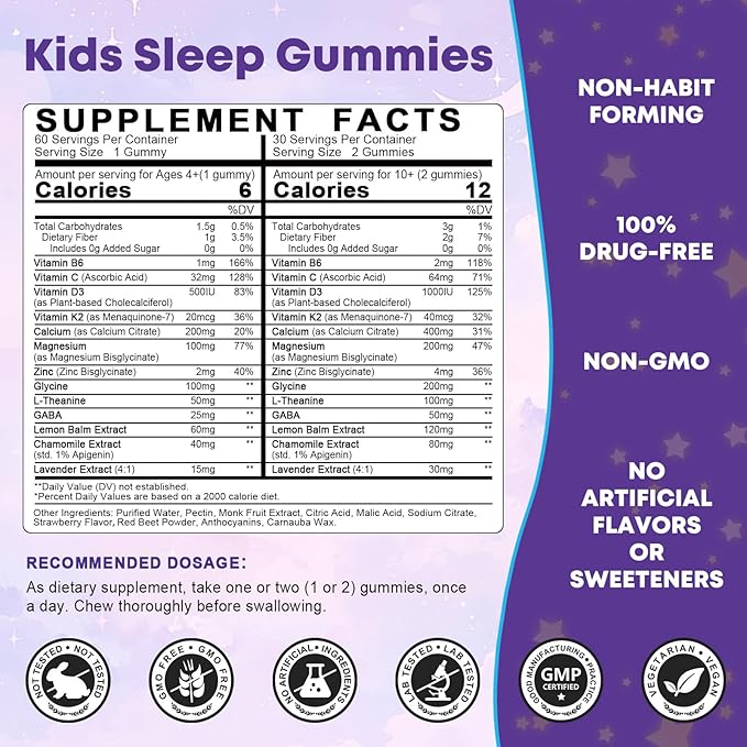 Kids Sleep Gummies Magnesium Bisglycinate 100/200 mg + 200/400 mg Calcium Citrate for Kids 4+ w/L-Theanine B6 Zinc D3K2 &amp GABA Lemon Balm Chamomile Extract for Zzz &amp Relax Bone Muscle