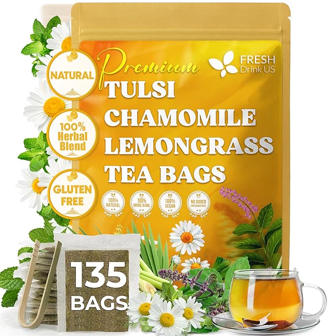 FreshDrinkUS Premium 135 Tea Bags Tulsi Chamomile Lemongrass Herbal Tea | Blend with Holy Basil Chamomile Flowers &amp Lemongrass Leaves – Naturally Caffeine-Free Soothing Herbal Infusion. Vegan