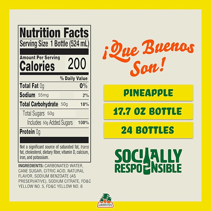 Jarritos - Mexican Soda Soft Drinks Pineapple (17.7 oz 524ml) 24 Bottles - Made with Real Cane Sugar - 0g Fat - Made in Mexico - Natural Flavor Soda Pop - Party &amp BBQ Beverages