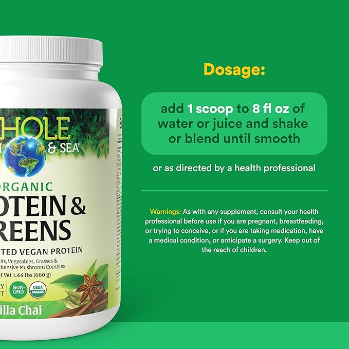 Whole Earth &amp Sea from Natural Factors Organic Fermented Protein &amp Greens Vegan Whole Food Supplement Vanilla Chai 1 lb 7 Oz