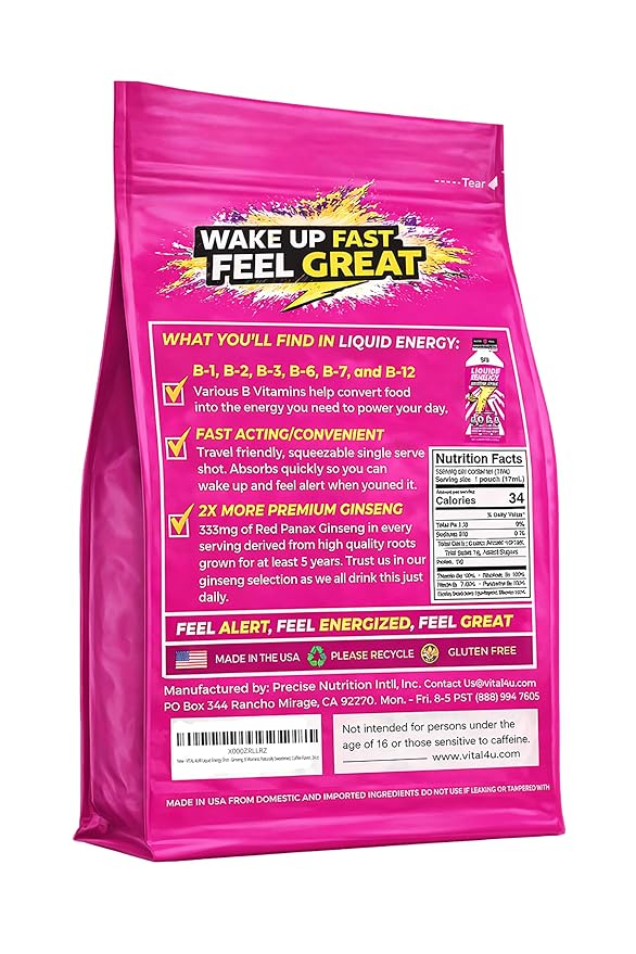 Vital 4U Liquid Energy Shot - Ginseng B Vitamins Naturally Sweetened Coffee Flavor 24 ct