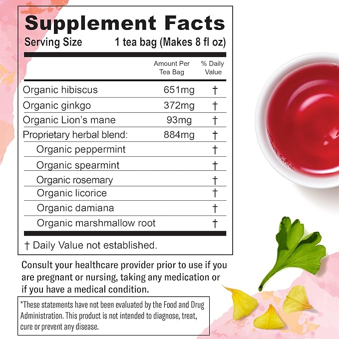 Numi Organic Damiana Focus Herbal Tea – 48 Herbal Tea Bags – Caffeine Free Blend with Damiana Ginkgo Lion’s Mane Hibiscus Mint &amp Licorice for Mental Clarity &amp Natural Energy