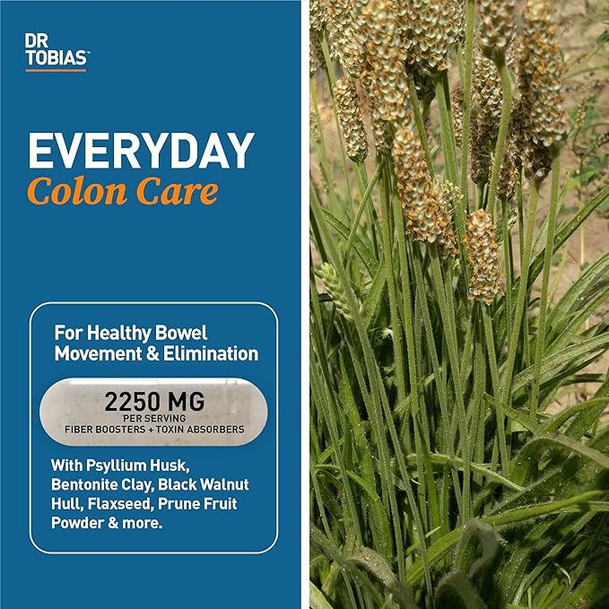 Dr. Tobias Psyllium Daily Supports Healthy Bowel Movement Psyllium Husk Capsules with Bentonite Clay Flaxseed &amp Natural Ingredients Daily Fiber Supplement in Support of Colon Health 180 Capsu