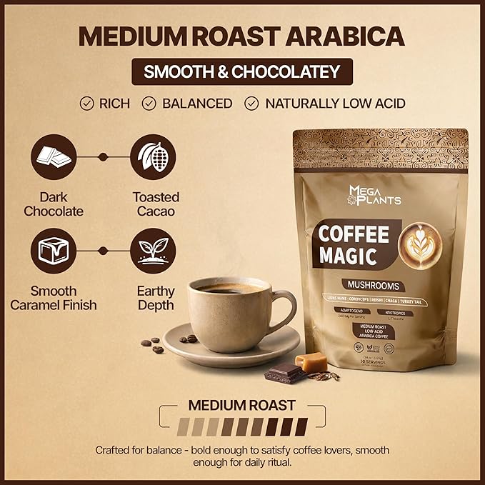 MegaPlants Mushroom Coffee Magic - Low Acid Arabica Coffee with Lion’s Mane Cordyceps Reishi Chaga &amp Turkey Tail | 2400mg Adaptogenic Mushroom Blend with L-Theanine | Smooth Energy Clarity &am