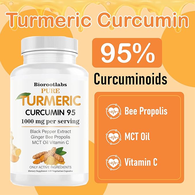 Biorootlabs Turmeric Curcumin | Pure Turmeric Curcumin Supplement 1000mg | 95% Curcuminoids with Bee Propolis Ginger MCT Oil Fat Soluble Vitamin C &amp Black Pepper 120 Capsules (1)