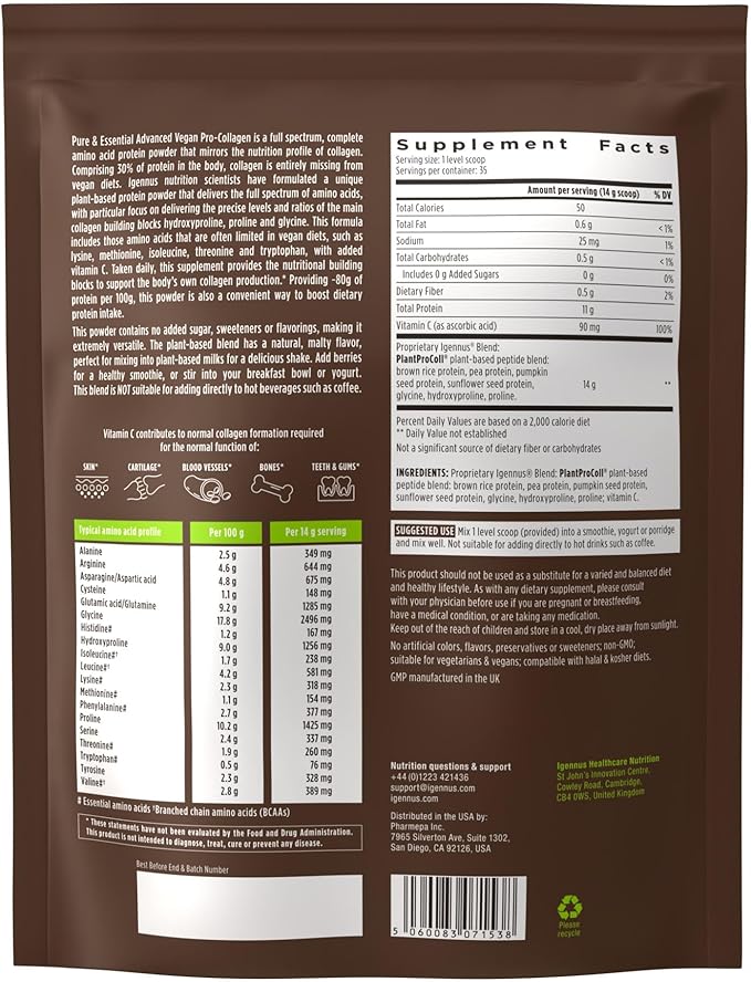 Igennus Vegan Collagen Peptide Powder Enhanced with Glycine Proline &amp Hydroxyproline &amp Cofactor Vitamin C Non GMO Complete Vegetarian Plant Based Collagen Powder Booster 35 Servings