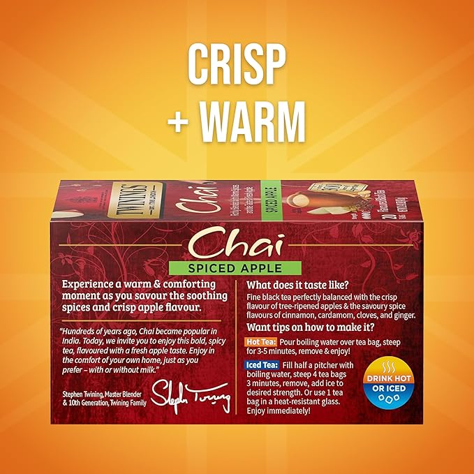 Twinings Spiced Apple Chai Black Tea Individually Wrapped Bags 20 Count (Pack of 6) Sweet Savoury Spices Caffeinated Enjoy Hot or Iced 120 Teabags